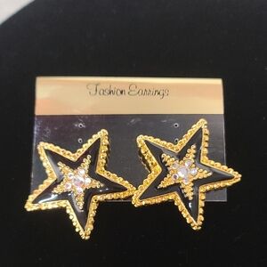 Vintage Gold & Black Rhinestone Star Clip On Earrings